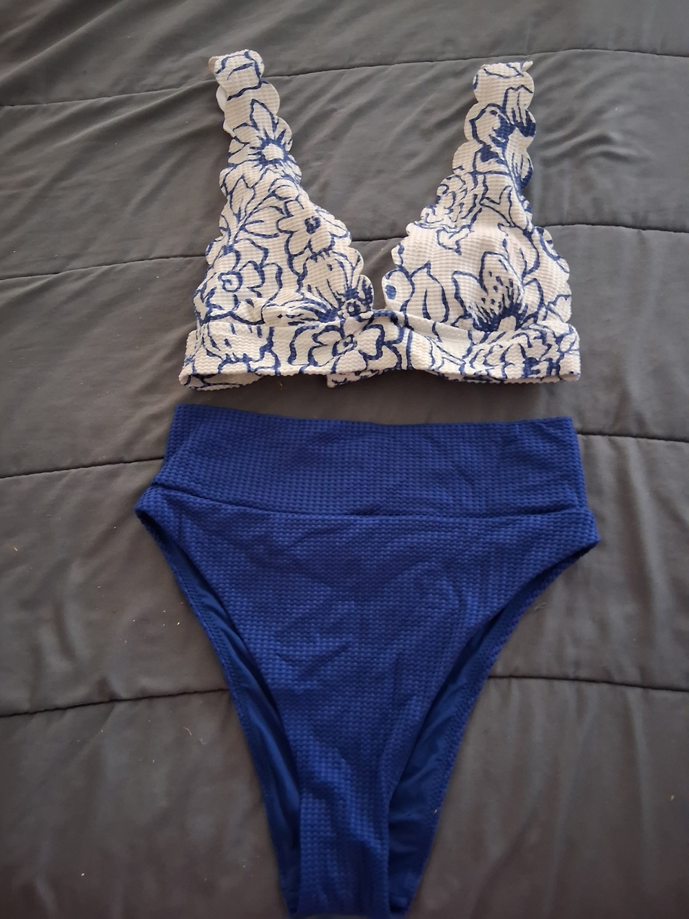 Blue Floral Lace Bralette & High-Waist Bikini Bottoms